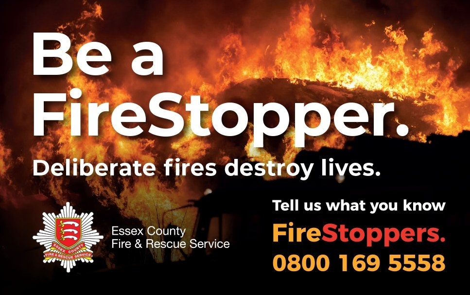 Image of a burning haystack in the dark with Be a FireStopper written in white with the sub heading deliberate fires destroy lives underneath. There is the fire service crest and tell us what you know FireStoppers 0800 1695558.