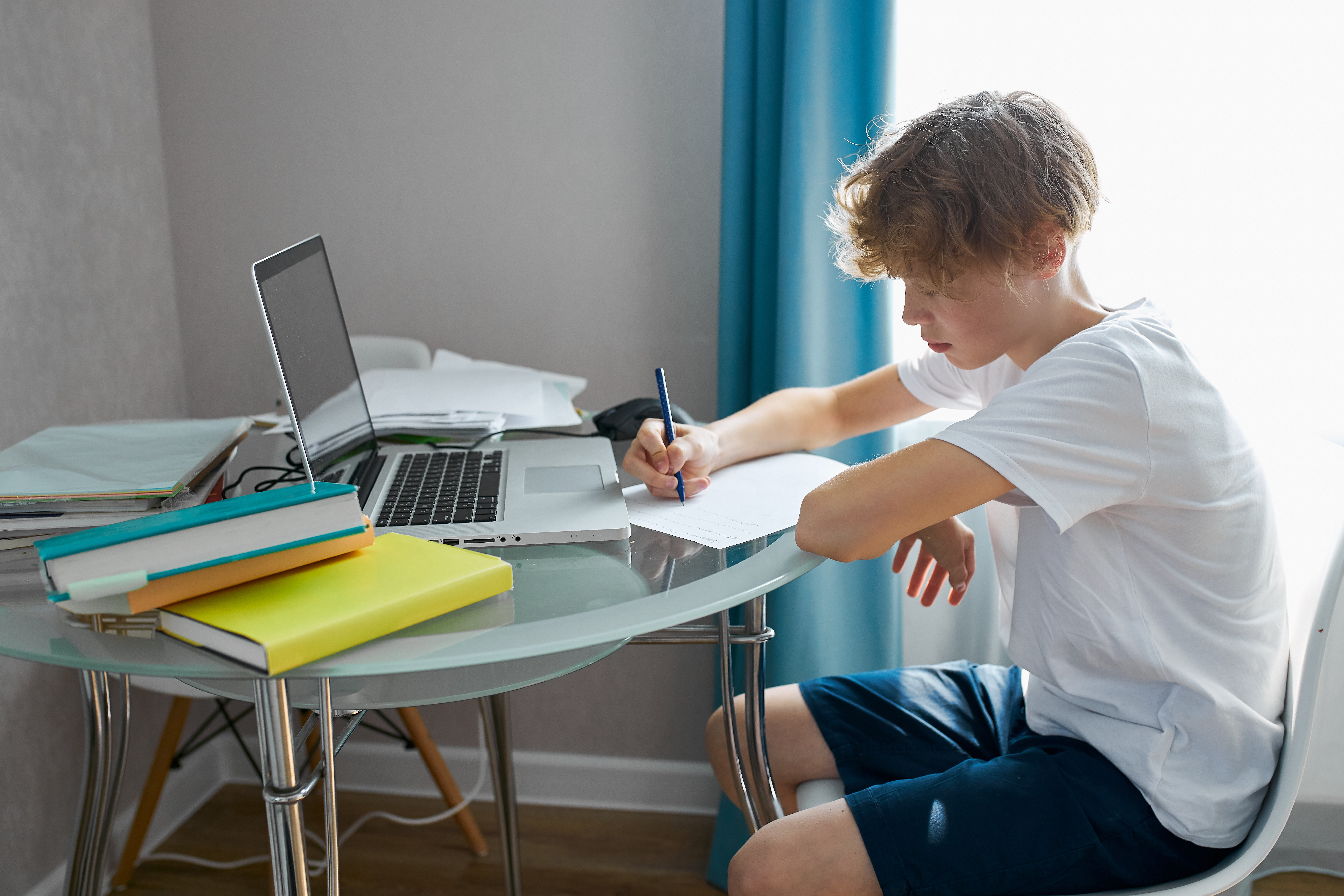 Teenage boy at laptop on dining table