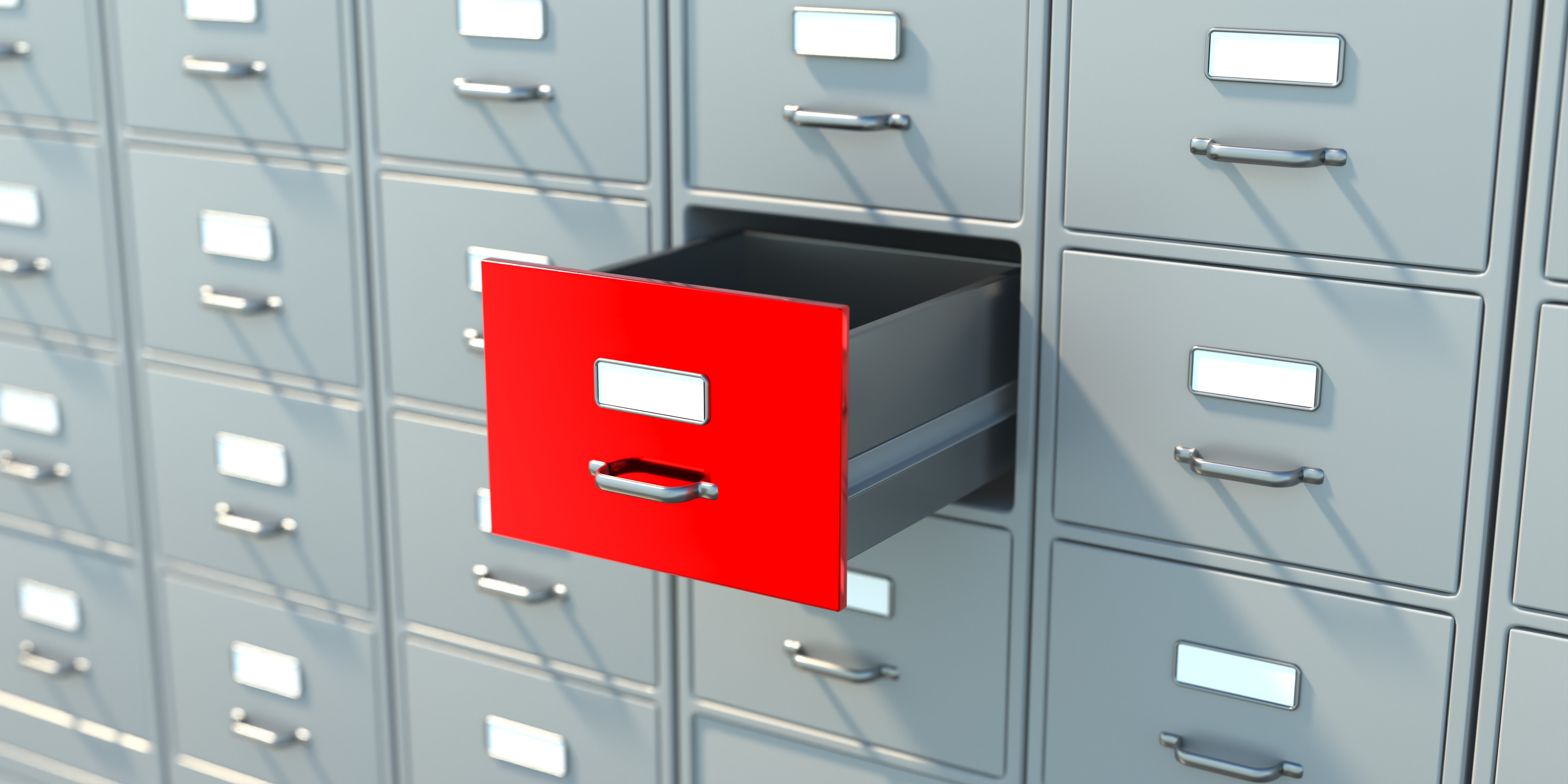 Grey filing cabinet with 16 drawers and 1 red one, which is slightly open