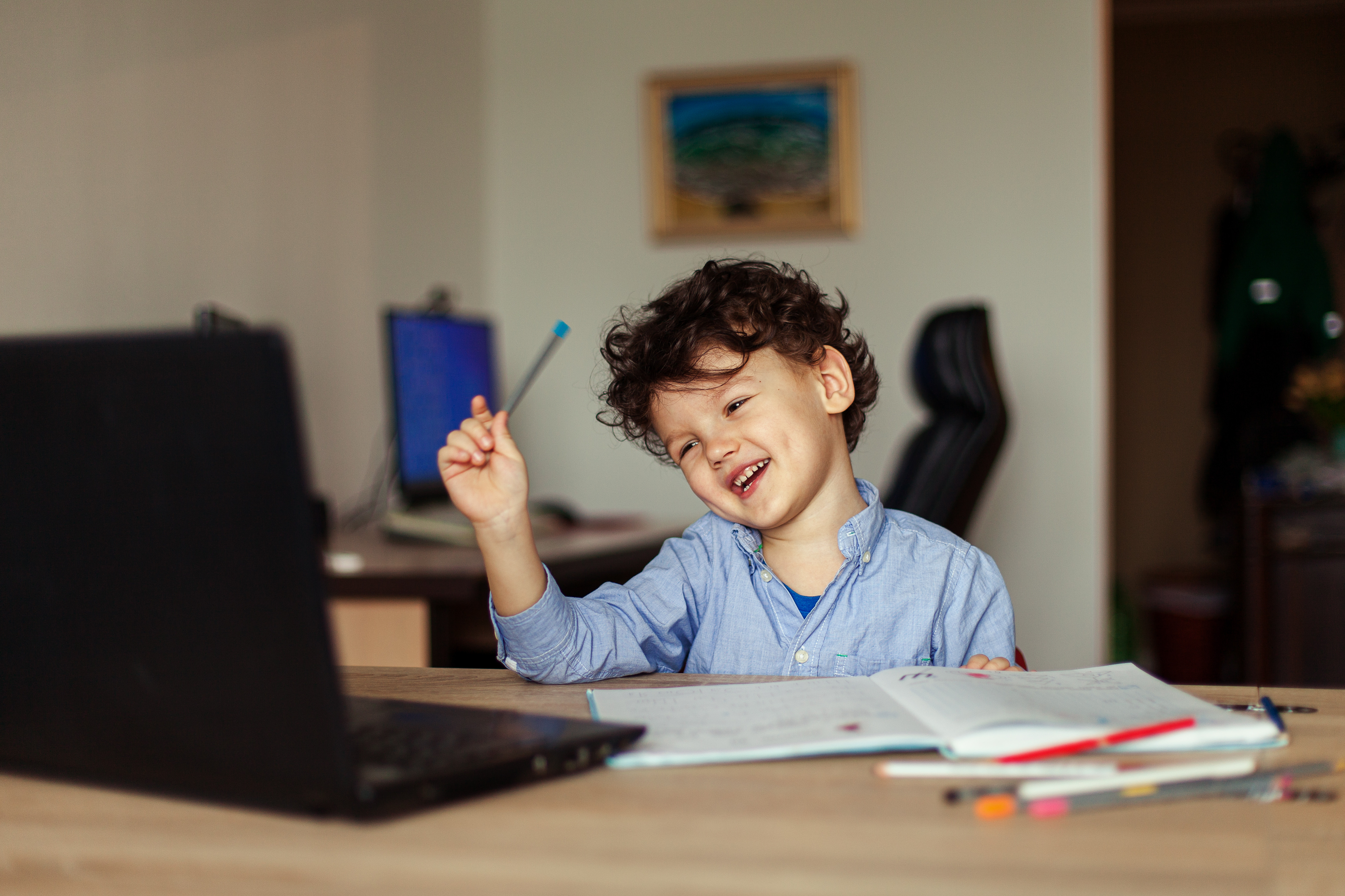 Young boy smiling at laptop