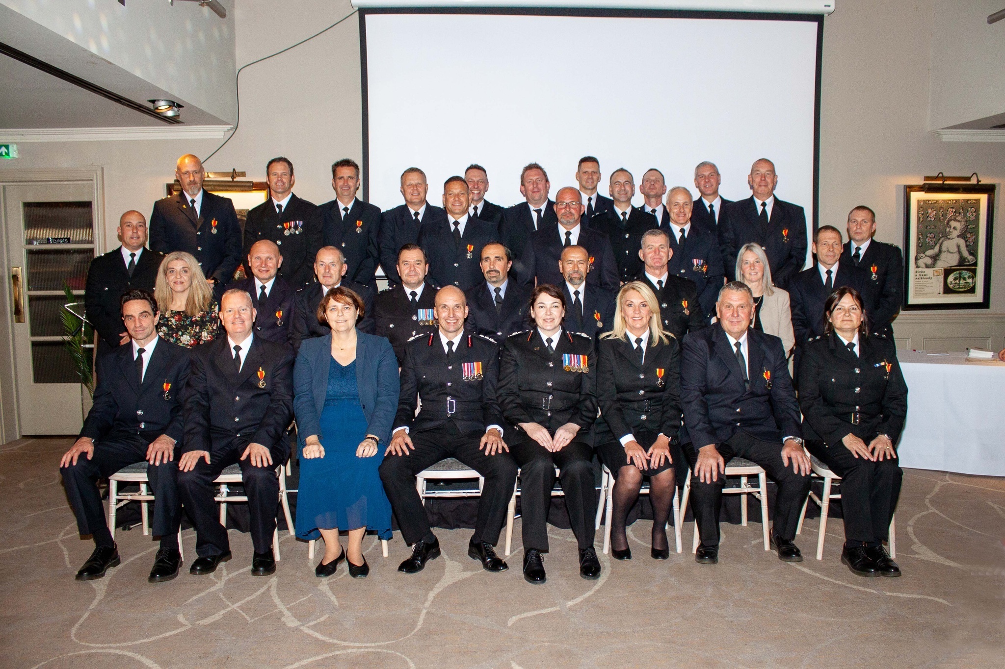 Recipients of long service medals and awards gathered with Chief Fire Officer, Deputy Chief Fire Officer and Police, Fire and Crime Commissioner for Essex