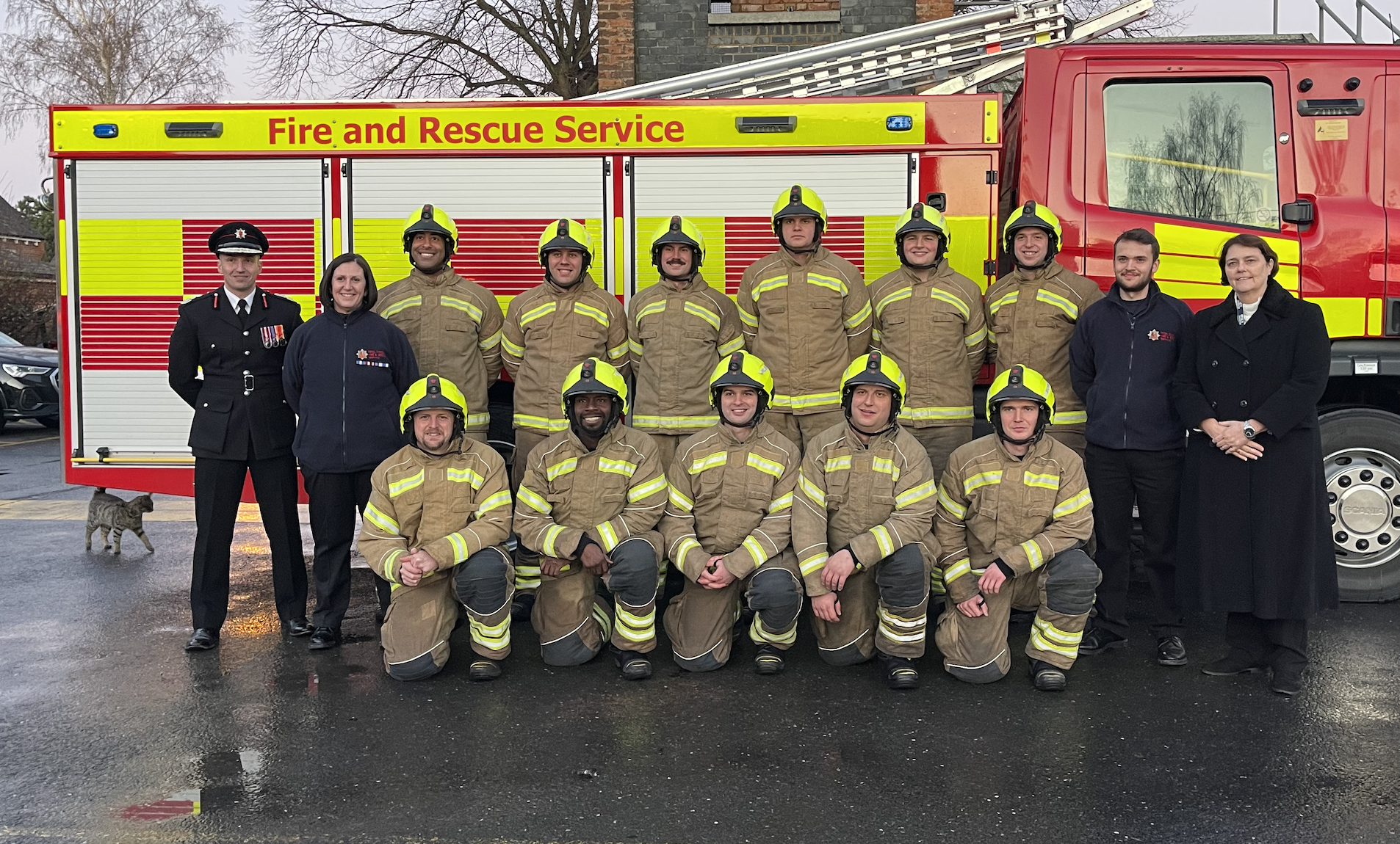 Chief Fire Officer Rick Hylton and Deputy Police, Fire and Crime Commission Jane Gardner with our new firefighters and control staff