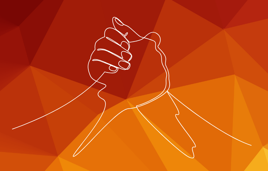 colourful background and white line drawing of two hands holding