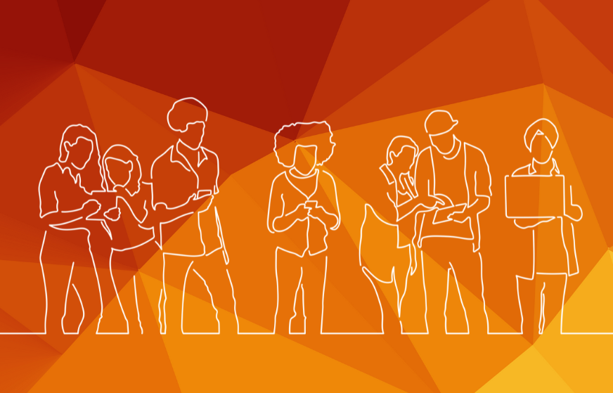 colourful background and white line drawing of lots of people