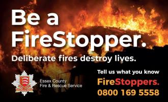 Image of a burning haystack in the dark with Be a FireStopper written in white with the sub heading deliberate fires destroy lives underneath. There is the fire service crest and tell us what you know FireStoppers 0800 1695558.