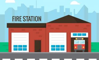 Vector graphic drawing of a fire station with two bay doors and a fire engine inside.