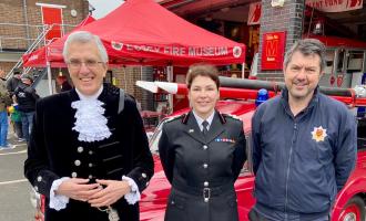 High Sheriff Nicholas Alston, Deputy Chief Fire Officer Moira Bruin and Volunteer and Heritage Manager Dan Bailey