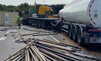 Two lorries after a collision on the M25