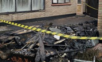 A burnt shed after a weed burner caused a fire