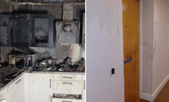 A photo of the kitchen fire and a photo of the fire door preventing smoke spreading
