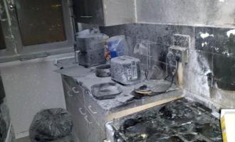 A fire-damaged kitchen