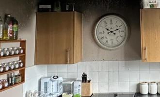 A smoke-damaged kitchen