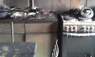 A fire-damaged kitchen