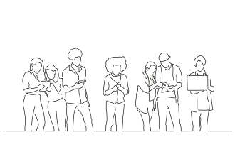 Line drawing of different people standing in a line