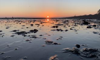 Mersea beach and water at sunset