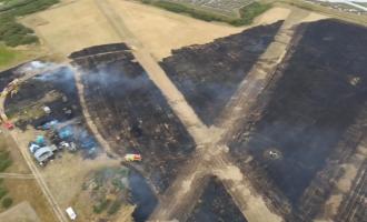 An aerial shot of the scorched field
