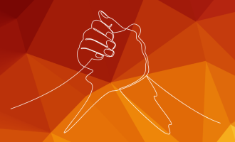 colourful background and white line drawing of two hands holding