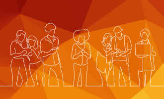 colourful background and white line drawing of lots of people