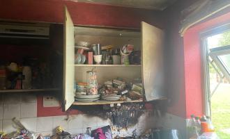 A fire-damaged kitchen