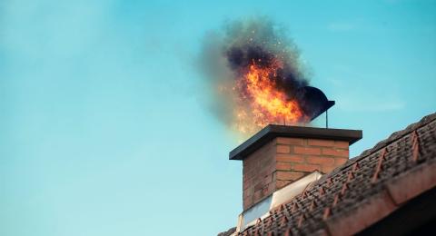 Fire coming from chimney on tiled roof