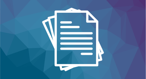 Blue background with white icon of papers