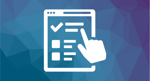 white icon of an online survey with a hand pointing at it