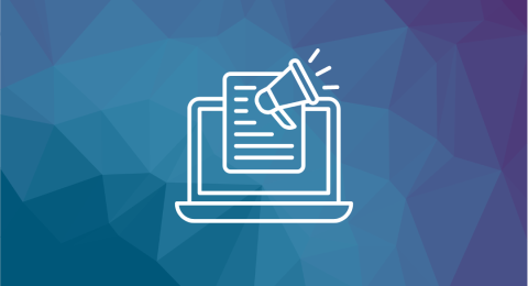 Blue background with white line drawing of a computer, article and megaphone. 