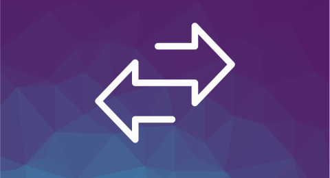 Purple background with white icon of two arrows facing away from each other
