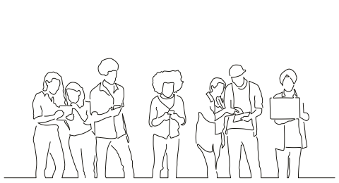 Line drawing of different people standing in a line