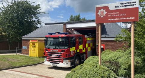 Ingatestone fire station, with a fire engine parked out the front and the sign at the front of the photo