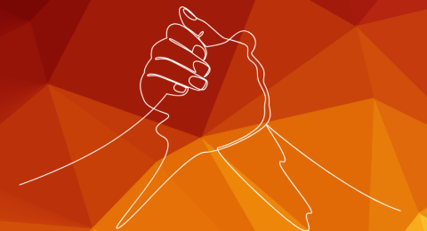 colourful background and white line drawing of two hands holding