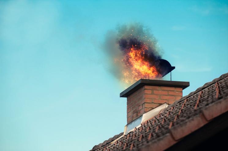 Fire coming from chimney on tiled roof