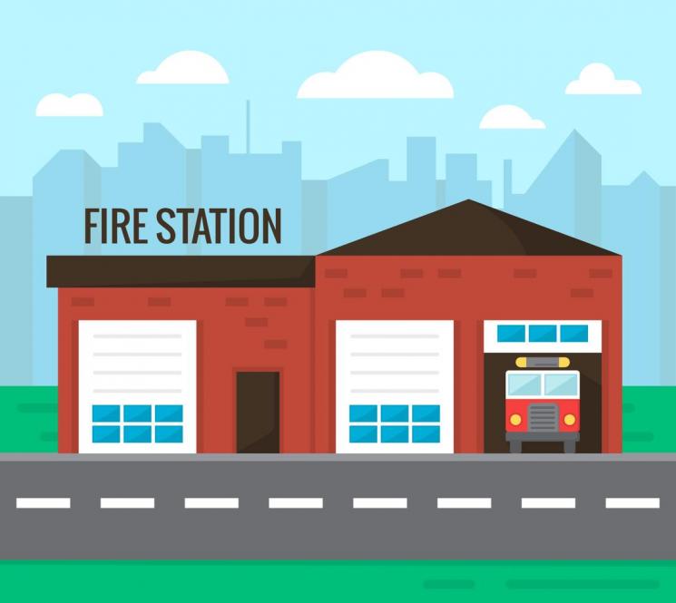 Vector graphic drawing of a fire station with two bay doors and a fire engine inside.