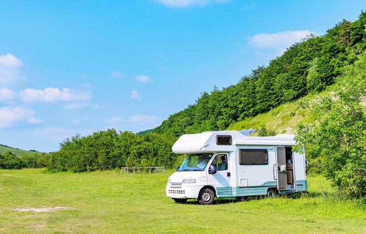 Caravan parked in a field surrounded by bushes and blue sky