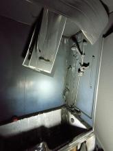 A smoke and fire damaged bathroom