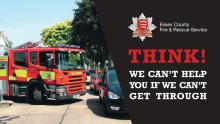 A poster showing a fire engine blocked due to parked cars and a message saying: Think! We can't help you if you can't get through