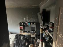A smoke-damaged room