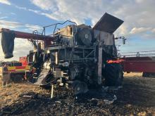 A fire damaged combine harvester