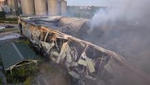 Smoke rising from an aerial view of the scene this morning
