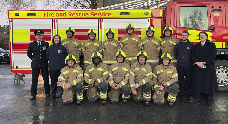 Chief Fire Officer Rick Hylton and Deputy Police, Fire and Crime Commission Jane Gardner with our new firefighters and control staff