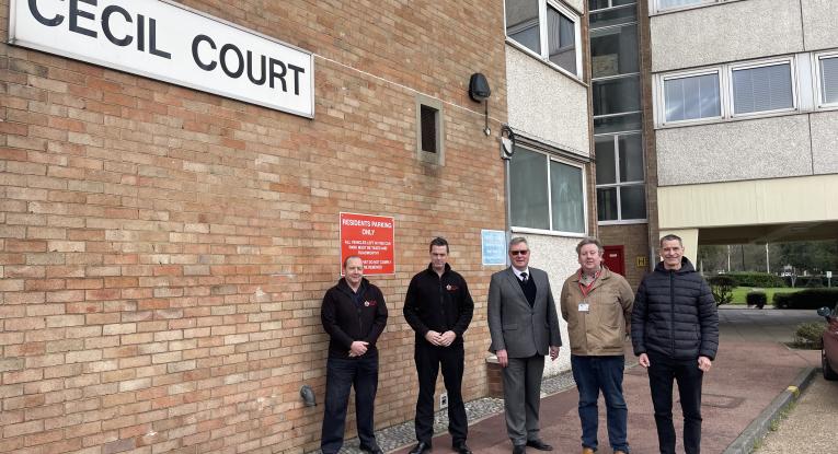 L-R Group Manager Mark Earwicker, Chris Parker, Director of Operations, Roger Hirst Police, Fire and Crime Commissioner for Essex, Councillor Ian Gilbert and Paul Longman, Head of Major Projects standing outside of Cecil Court