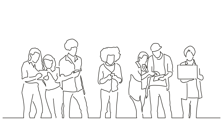 Line drawing of different people standing in a line